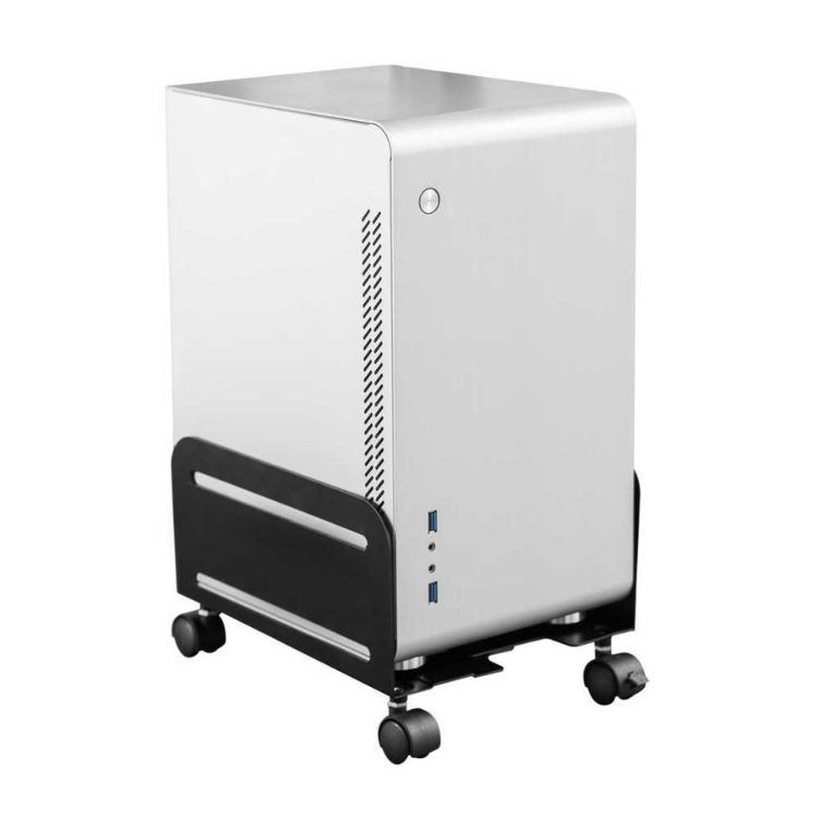 Silver desktop computer tower on black mobile stand with wheels.