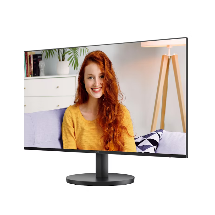 Monitor AOC 24B3HA2, 24 polegadas, FHD IPS, 100Hz, 1ms, preto, com imagem de mulher ruiva a sorrir.