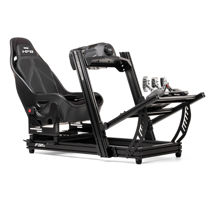Next Level Racing HF8 gaming simulator, black seat and frame with pedals.