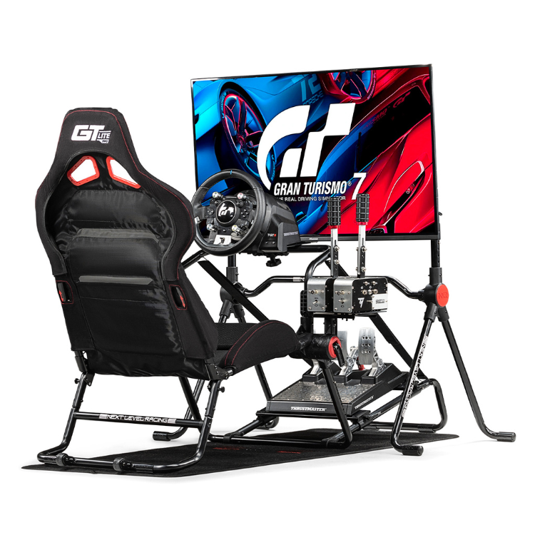 Next Level Racing GT Lite Pro foldable cockpit with black seat, red accents, steering wheel, pedals, and Gran Turismo 7 screen.
