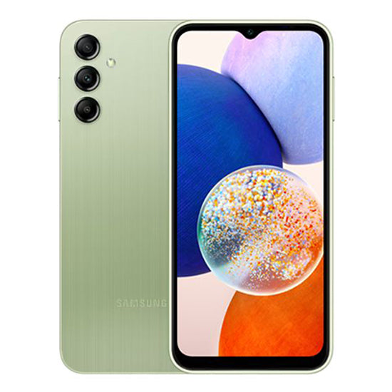 Smartphone Samsung Galaxy A14 5G verde, com três câmeras na parte de trás e ecrã colorido.