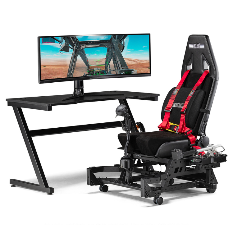 Next Level Racing GT Lite Pro foldable cockpit with monitor and red seatbelt, black seat and frame.