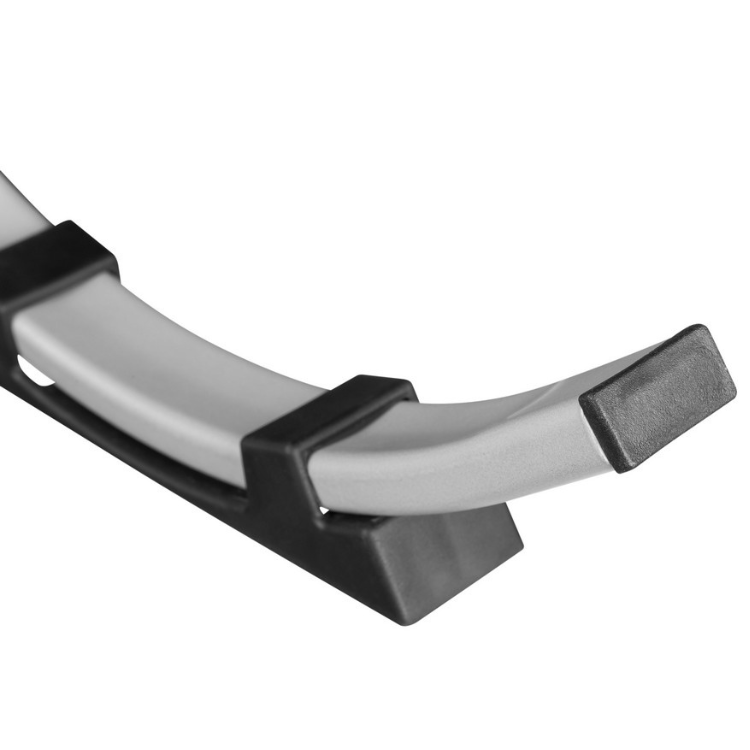 Silver laptop stand with black accents, adjustable, ergonomic design.