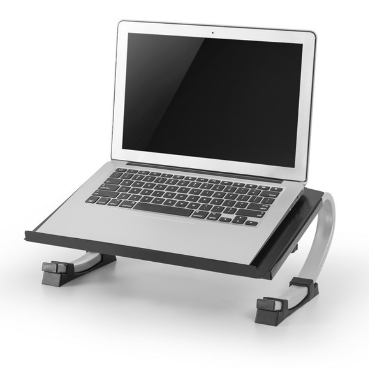 Silver laptop on black ergonomic stand, adjustable, for 17" screen.