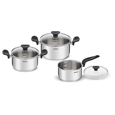 Tefal stainless steel cookware set, 3 pieces with glass lids, silver with black handles.