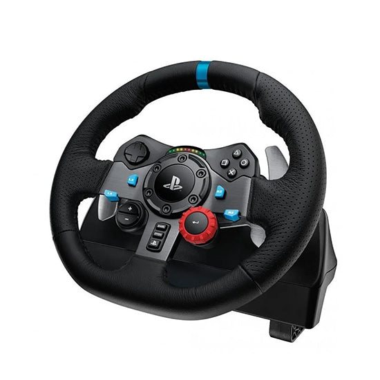 Logitech G29 black racing wheel with blue accents and red knob, PlayStation logo.