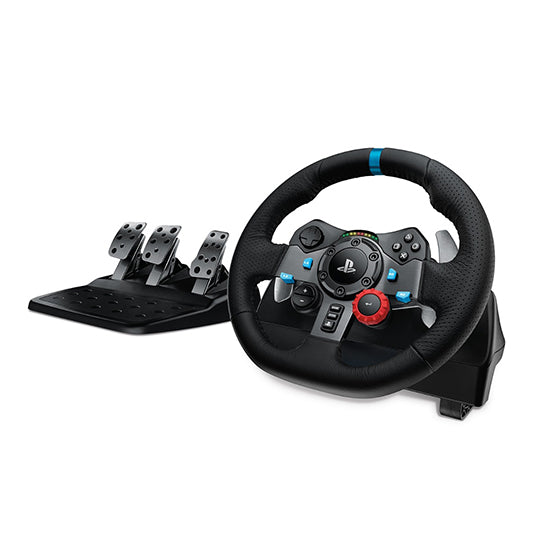 Logitech G29 black racing wheel with pedals, PlayStation logo, blue accents.