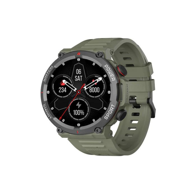 Smartwatch Blackview W50 verde com pulseira e ecrã preto.
