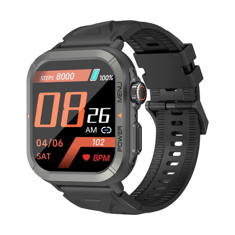 Smartwatch Blackview W30 preto com ecrã tátil e pulseira de borracha preta, mostrando data, hora e dados de atividade física.