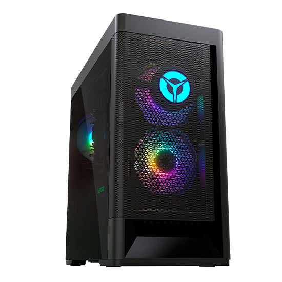 Black Lenovo Legion gaming desktop tower with rainbow-colored fans and blue logo.