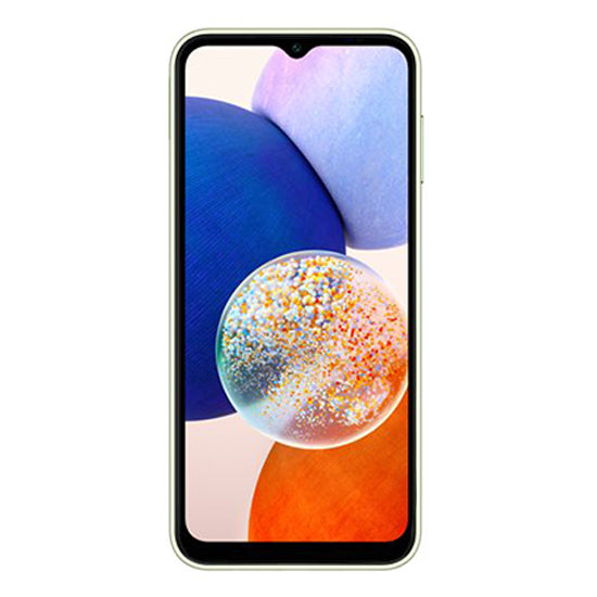 Samsung Galaxy A14 5G, smartphone verde com ecrã de 6.6 polegadas e imagem colorida.