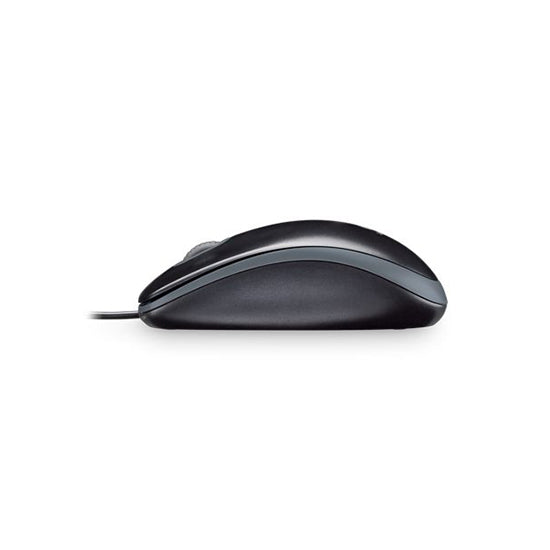 Black computer mouse with gray accent, side view, cord visible.