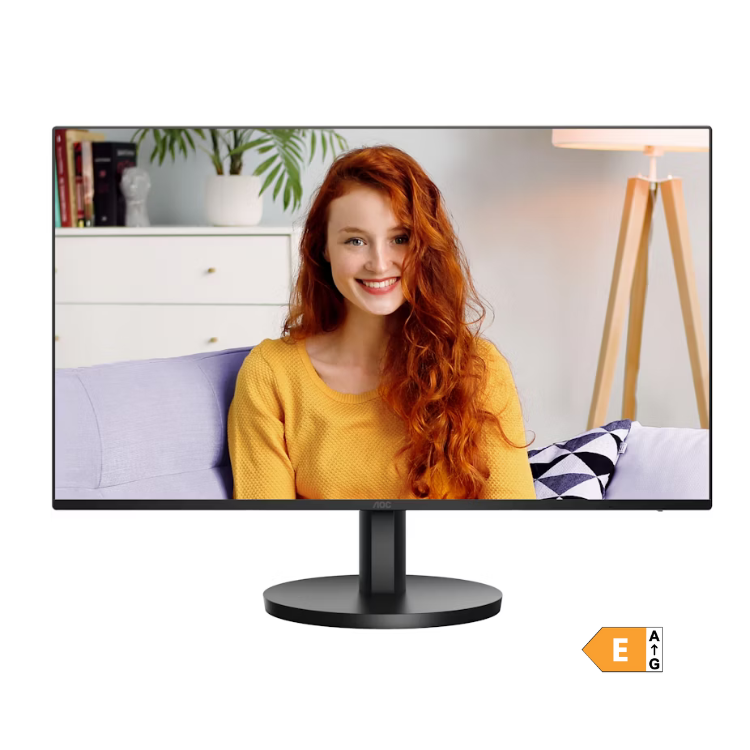 Monitor AOC IPS FHD 100Hz 1ms 27B3HA2 27 polegadas preto com imagem de mulher ruiva a sorrir.