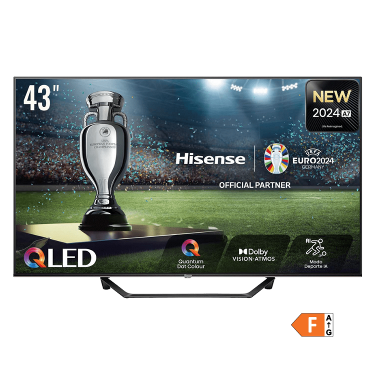 TV Hisense A7NQ 2024 43" QLED 4K, preto, com troféu e logótipos de tecnologia.
