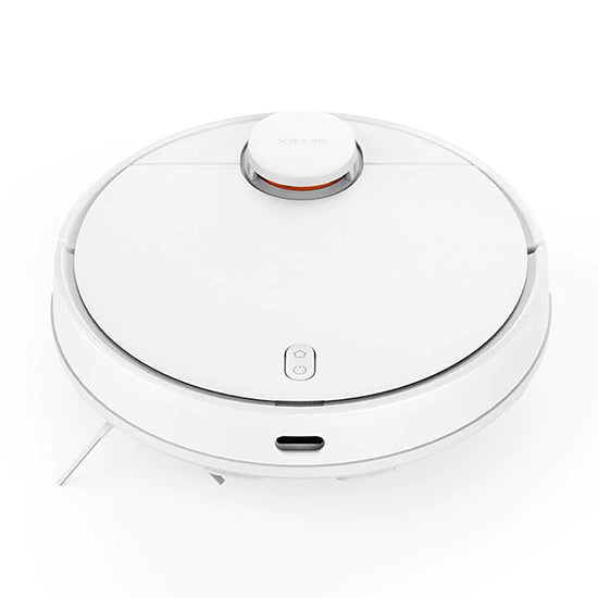 White Xiaomi S10 robot vacuum cleaner with power button and charging dock indicator.