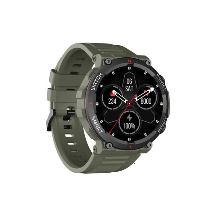 Smartwatch Blackview W50 verde com pulseira e ecrã preto.