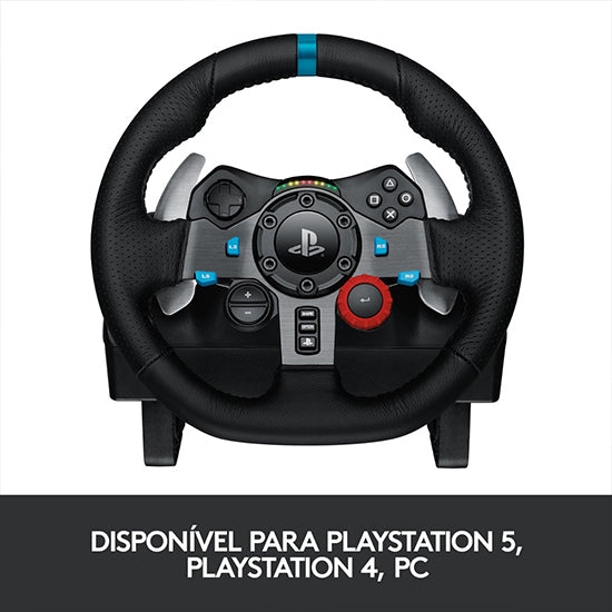 Logitech G29 black racing wheel with blue stripe and PS logo.