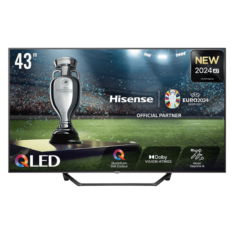 TV Hisense A7NQ 2024 43" QLED 4K, preto, com troféu e logótipos de tecnologia.