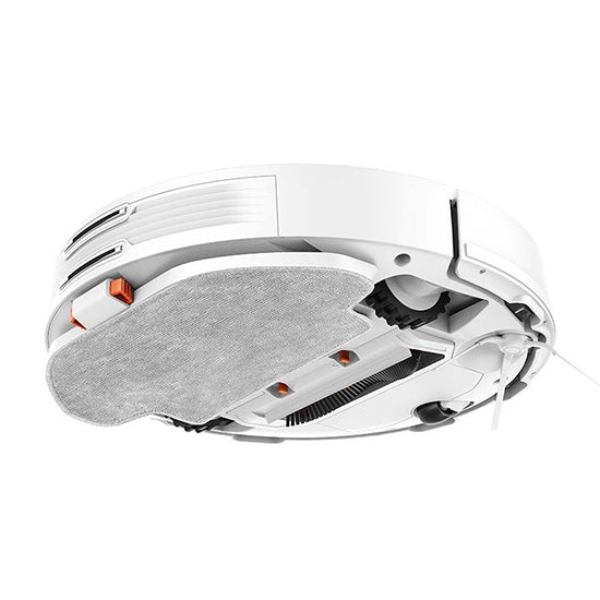 White Xiaomi S10 robot vacuum with gray filter and orange accents.