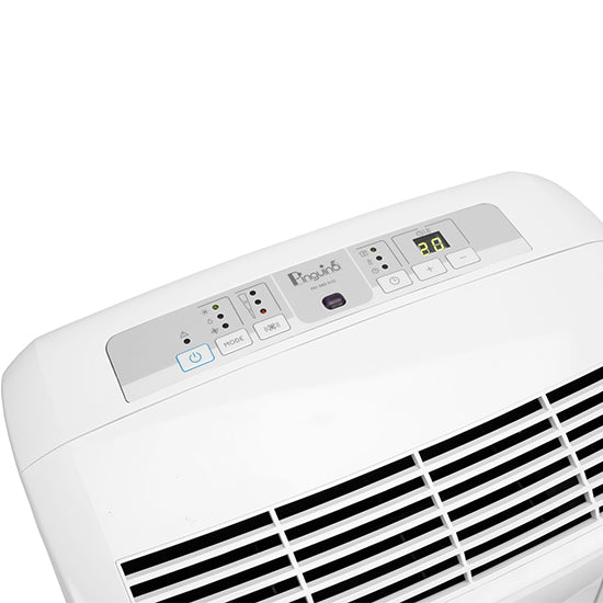 Delonghi portable air conditioner, white, digital display showing 20, control panel and vents visible.