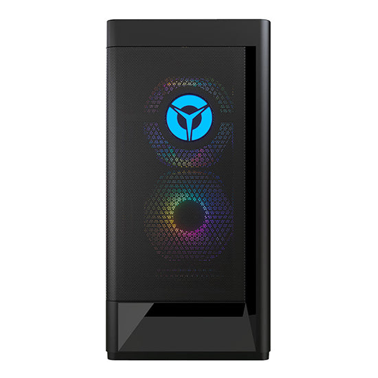 Black Lenovo Legion gaming desktop tower with blue logo and rainbow lights.
