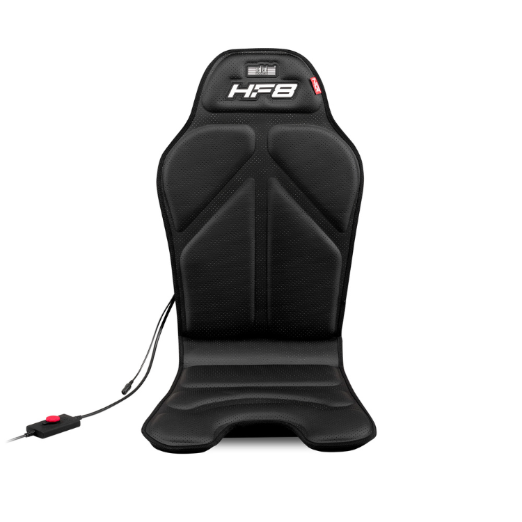 Next Level Racing HF8 black gaming seat with haptic feedback, red and white accents.