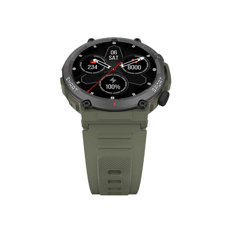 Smartwatch Blackview W50 verde com pulseira de borracha e ecrã preto.