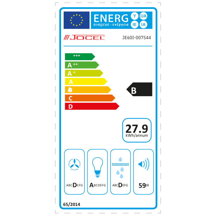 Etiqueta energética do exaustor Jocel, eficiência B, 27.9 kWh/ano, 59 dB.