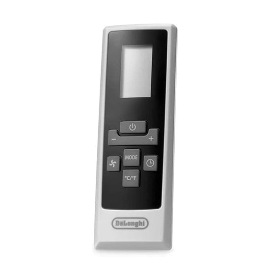 Delonghi air conditioner remote control, black and silver.