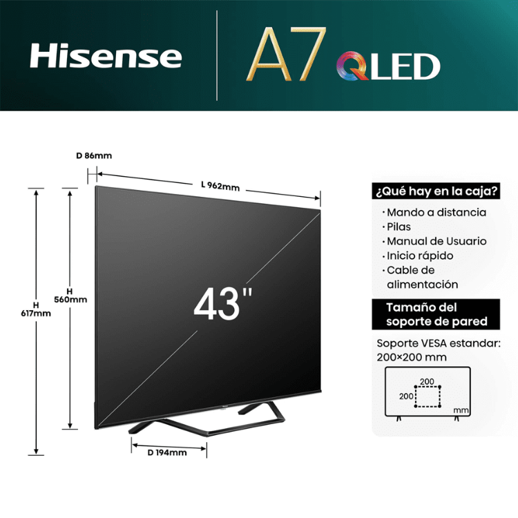 TV Hisense A7 QLED 43" preta com dimensões indicadas e suporte VESA.