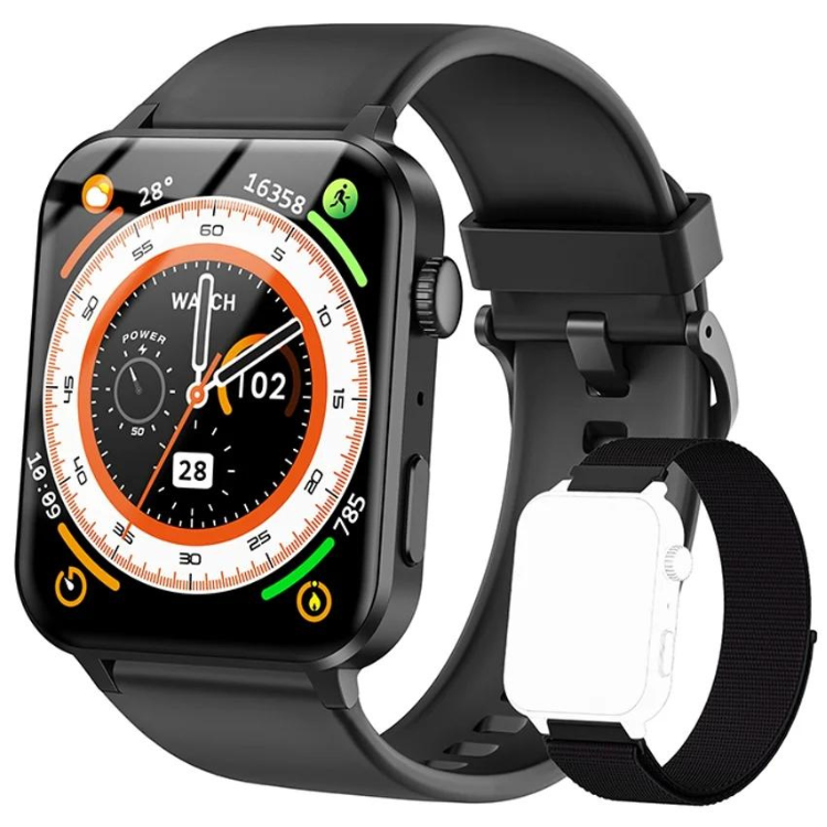 Smartwatch Blackview Watch R30 Pro preto com pulseira de borracha e mostrador digital colorido.