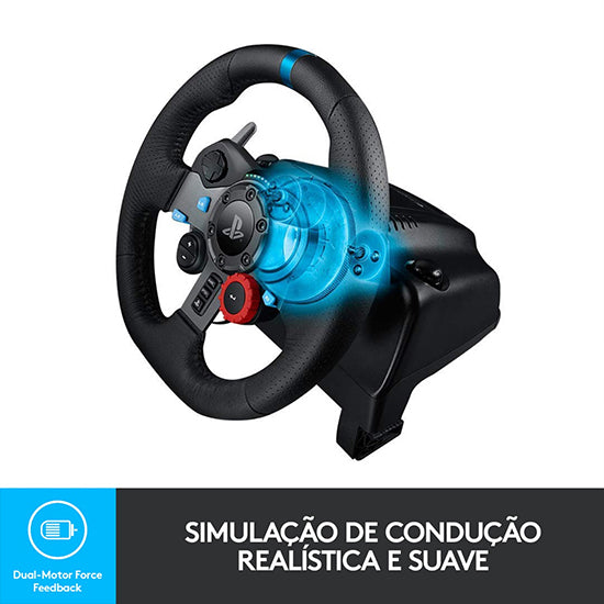 Logitech G29 black racing wheel with blue accents and PlayStation logo.