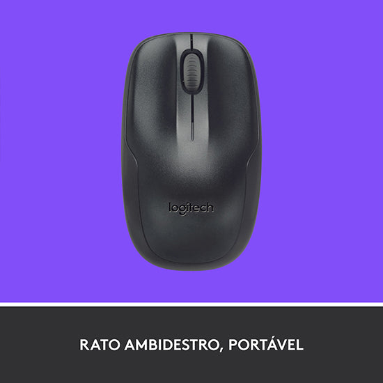 Black Logitech wireless mouse on purple background.