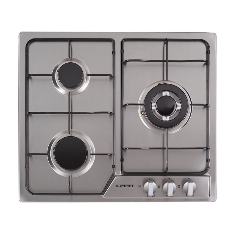 Jocel 3-zone gas hob, stainless steel, 3 dials.