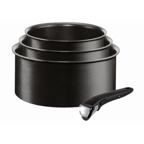Tefal cookware set, 3 black pots with glass lids, stainless steel.