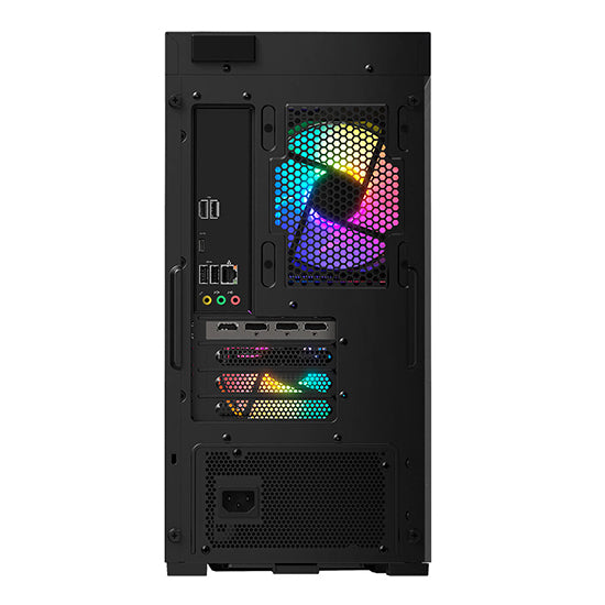 Black Lenovo gaming desktop tower, rear view, with rainbow-colored fans and mesh panels.
