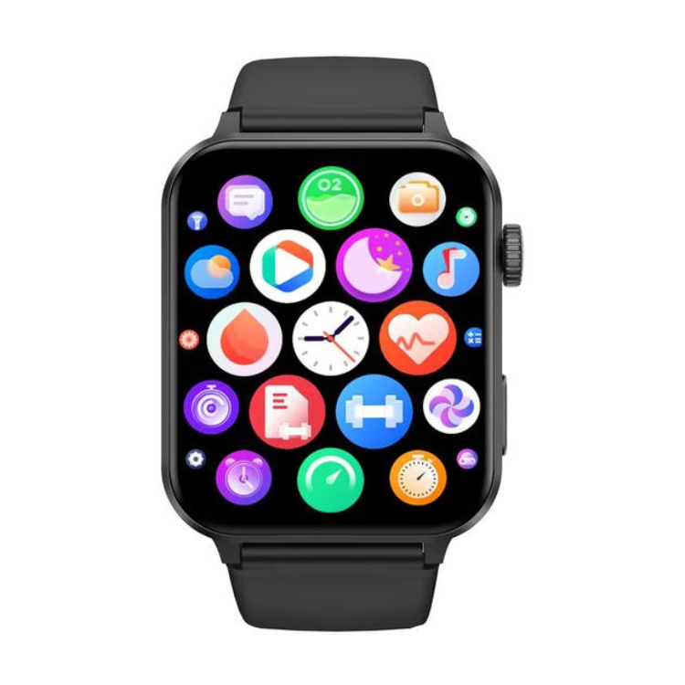Smartwatch Blackview R30 Pro preto com diversos ícones de aplicações no ecrã.