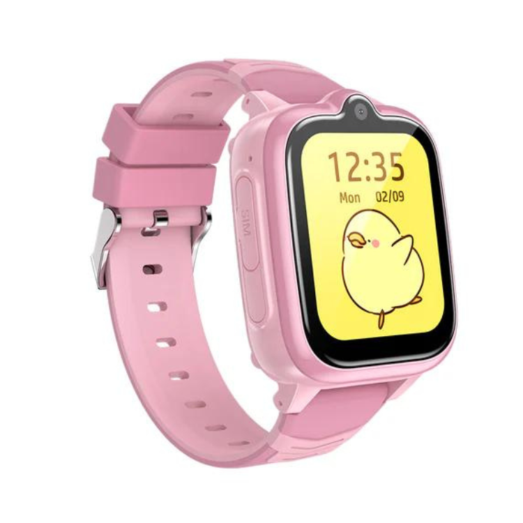 Smartwatch Blackview Z10 Kids rosa com ecrã amarelo e desenho de um pintinho, mostrando as 12:35.