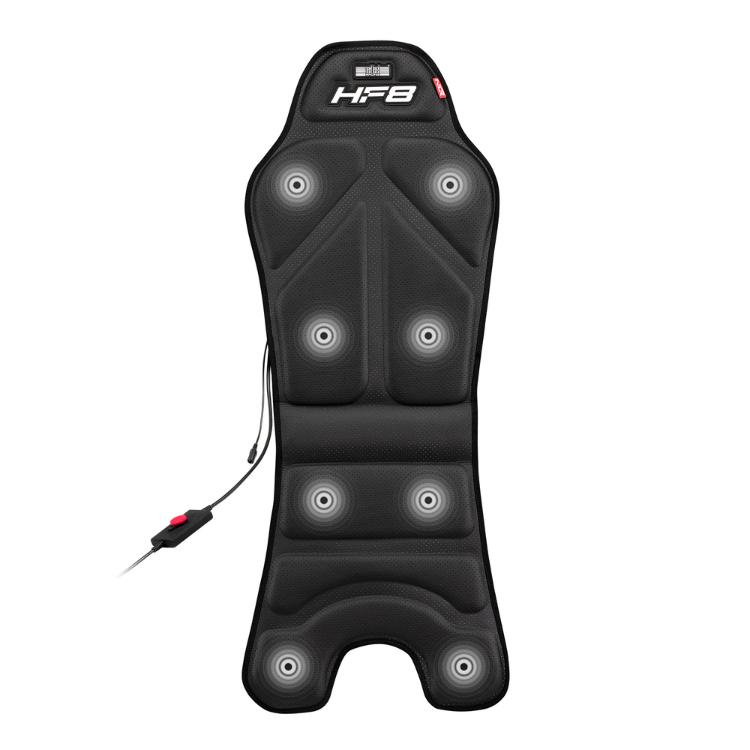 Next Level Racing HF8 haptic feedback gaming seat cushion, black, with 8 circular vibration nodes and wiring.