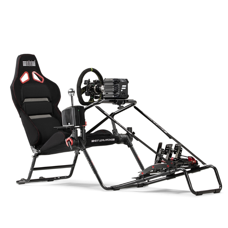 Next Level Racing GT Lite Pro Foldable Cockpit, black with red accents, racing seat, steering wheel, gearshift.