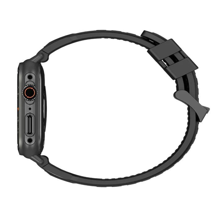Smartwatch Blackview W30 Preto, pulseira e ecrã lateral com botão e aberturas, virado para cima.