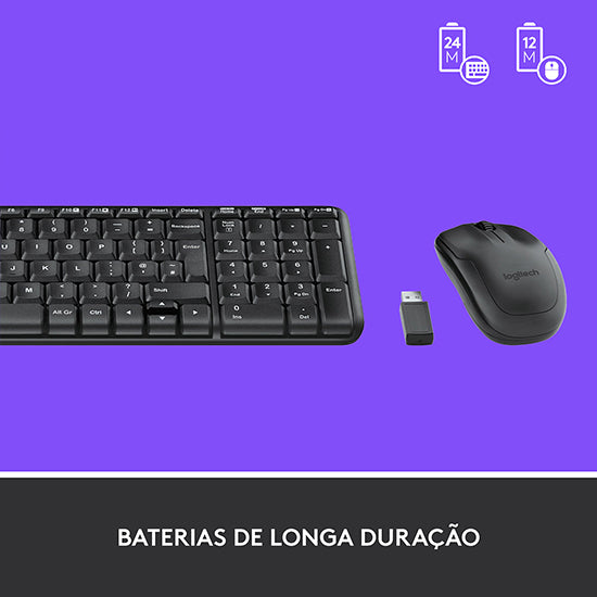 Logitech MK220 wireless keyboard and mouse set, black, with USB receiver.