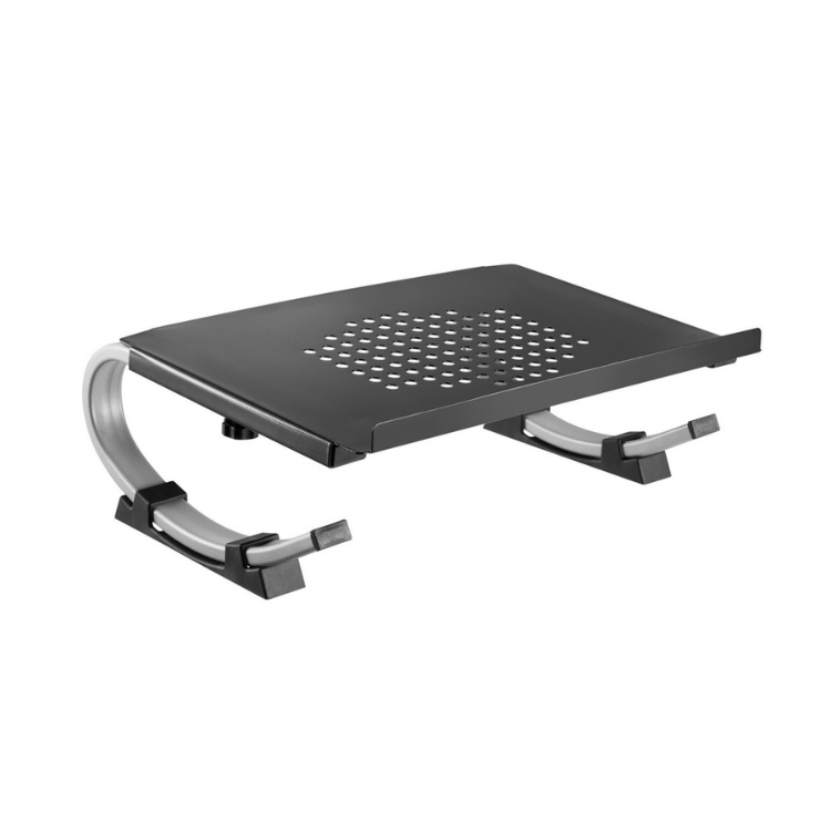 Black laptop stand with adjustable arms and ventilation holes.