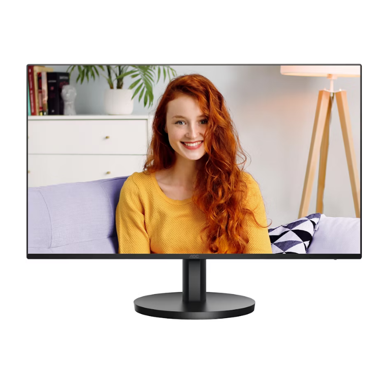 Monitor AOC IPS FHD 27 polegadas, preto, com imagem de mulher ruiva a sorrir.