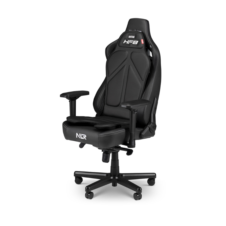 Black Next Level Racing HF8 gaming chair with white NLR and HF8 logos on seat and headrest.