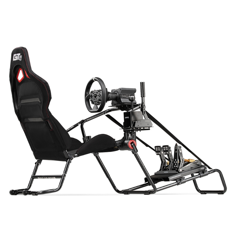 Next Level Racing GT Lite Pro foldable cockpit, black with red accents, featuring a racing seat, steering wheel, and pedals.