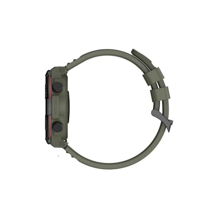 Smartwatch Blackview W50 verde, pulseira e ecrã virados para cima, com dois botões laterais e faixa de silicone.