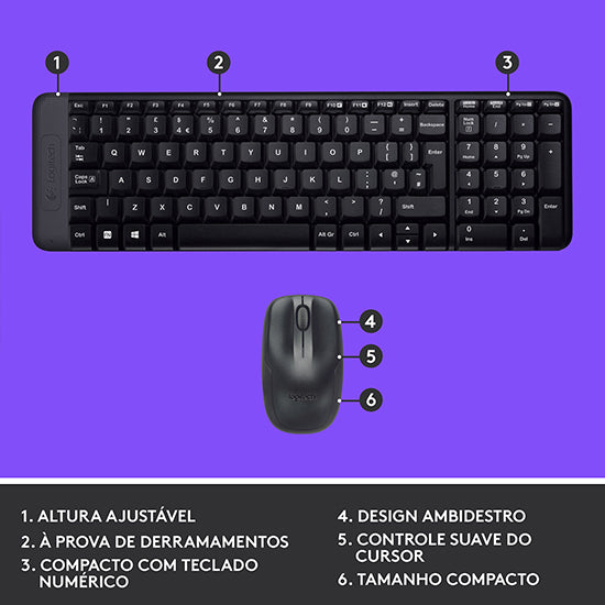 Logitech MK220 wireless keyboard and mouse, black, compact design with numeric keypad and ambidextrous mouse.