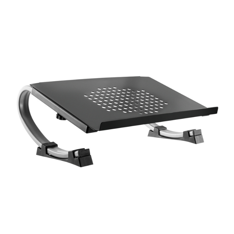 Black laptop stand with adjustable arm and ventilation holes.