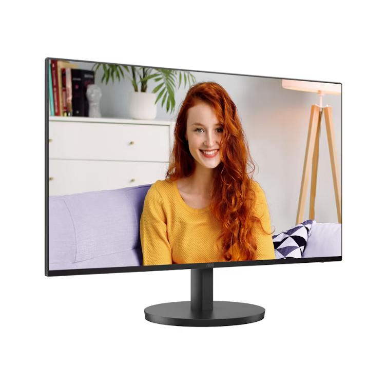 Monitor AOC IPS FHD 27 polegadas com mulher ruiva a sorrir no ecrã.